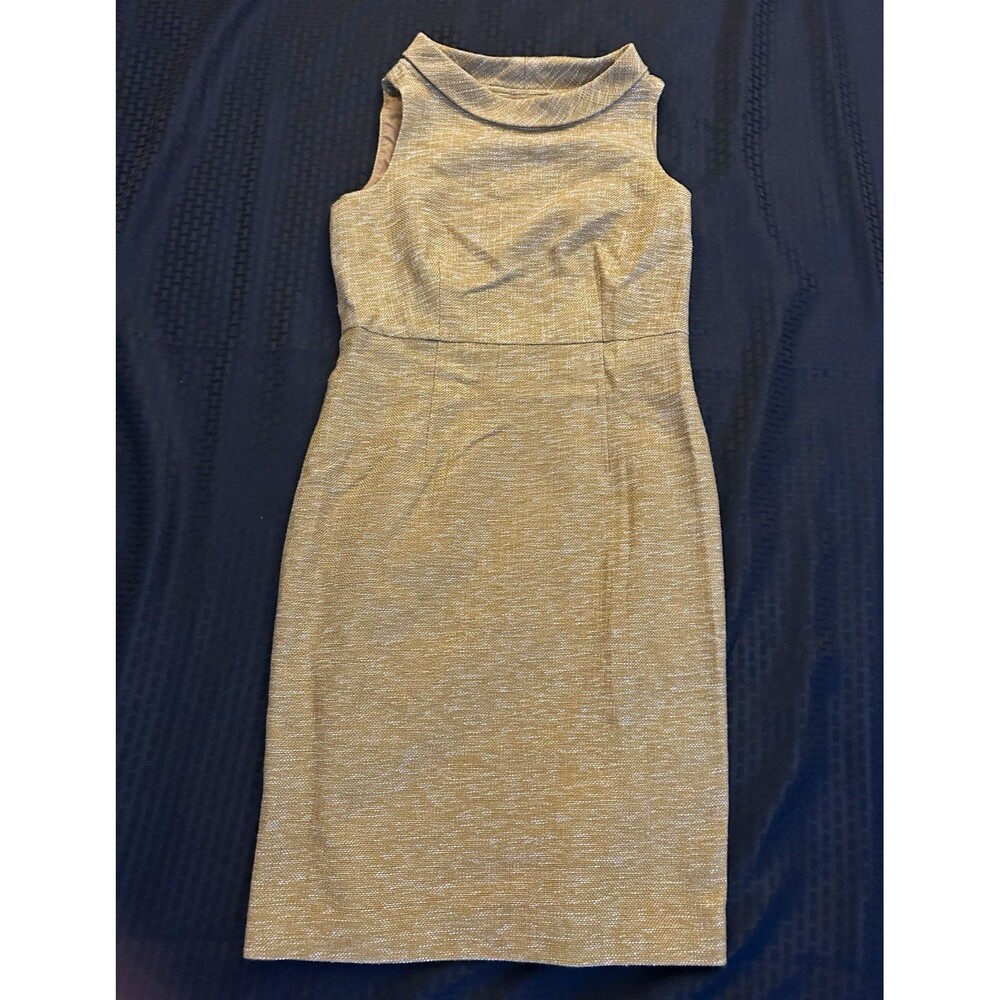 Anne Klein Gold Tweed Sheath Dress Funnel Neck Size 6 Work Evening